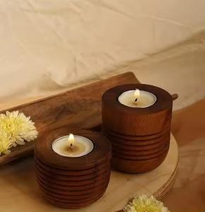 Set of 2 Brown Wooden <b>Candle</b> Stand Tealight Holders Handcrafted Classical Decor for Home <b>Spa</b> Table Centerpieces - Product Image 2