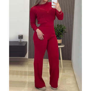 Jane's Women's Long Sleeve Round Neck Transparent Detail Knitted Blouse and Pants <b>Two</b>-<b>Piece</b> <b>Set</b>, Casual Solid Color Outfit - Product Image 2