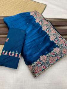 Ropa de fiesta Satén Seda con bordado Trabajo Listo para usar Sari Premium Trabajo manual Mujer Fabricación de moda de la India - Product Image 3