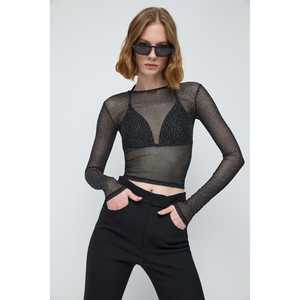 T-shirt transparent à imprimé brillant, décor floral et lettres, col à nœud, coupe ajustée, longueur courte sexy, coton et nylon, style estival - Product Image 2