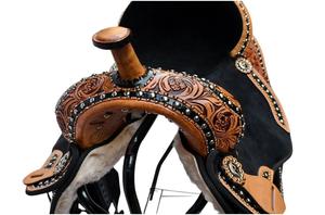 Selle Western pour cheval en cuir véritable de qualité supérieure avec arceau en fibre et bois, quincaillerie en acier inoxydable et laiton pour le barrel racing et l'équitation - Product Image 5
