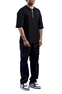 T-shirt Homme Premium Noir Demi-Zip Coupe Oversize Streetwear Manches Courtes Tricot Côtelé Décontracté Style Minimaliste Moderne - Product Image 3