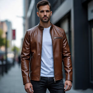 Veste en cuir à fermeture éclair OEM pour hommes, vestes en cuir à col rabattu vintage de style de rue personnalisées, manteau en cuir véritable pour hommes - Product Image 2