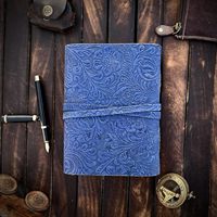 Buku Jurnal Kulit Asli Bermotif Bunga, Buatan Tangan dengan Tepi Dekel, Biru, untuk Promosi Bisnis, Buku Bayangan, Grimoire, Penyihir