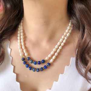 Жемчужное ожерелье Lapis Lazuli, темно-синие свадебные украшения из драгоценных камней, эффектное специальное ожерелье ручной работы - Product Image 5