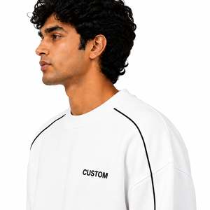 Sudadera de Forro Polar Blanca con Cuello Redondo para Hombre, Ribete Negro, Manga Larga, Corte Holgado, Ropa Urbana de Invierno, Logotipo Personalizado, Fabricante OEM - Product Image 3