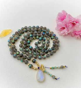 Trendy Goddess Mala Necklace with <b>Rainbow</b> Labradorite Mala Beads, Moonstone Mala Fringe Beaded Bandana - Product Image 1