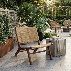 Chaise de jardin en bois de teck naturel avec assise en cannage, fauteuil bas pour terrasse, design artistique et pur pour l'aménagement extérieur - Product Image 4