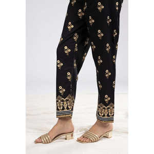 Pantalon évasé noir en cambric imprimé pour femme, taille XL, brodé, taille élastique, manches longues, respirant - Product Image 1