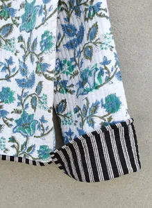 Chaqueta acolchada de algodón con estampado de añil bohemio hecha a mano para mujer, forro de lino Reversible, cómodo, duradero para Otoño Invierno - Product Image 2