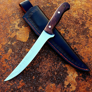 Couteau à filet de chef de cuisine personnalisé fait à la main Lame en acier D2 avec manche en résine et gaine en cuir pour la chasse et le camping - Product Image 1