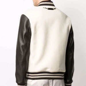 Veste varsity noire crème pour homme, manches en cuir, col rabattu, style décontracté, coupe classique, vêtement d'automne - Product Image 5