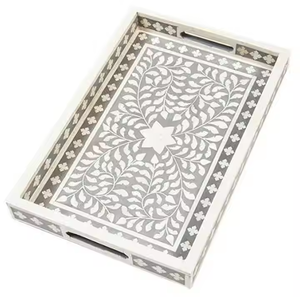 Bandeja de madera multiusos Pasta usada Pizza hueso incrustaciones acabado bandeja para servir 2025 estilo único forma redondeada bandeja para servir de ratán - Product Image 1