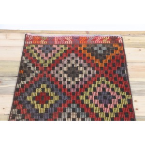 Vintage Turkish Rug, <b>Runner</b> 2.1x10.3 ft (65x315 cm) Rug, <b>Red</b> Geometric Wool Rug - Product Image 4