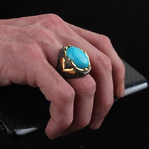 Anillo de Hombre Estilo Otomano Vintage Turco, Plata de Ley 925, Chapado en Rodio y Oro Bicolor, Modelo RCEGYT-416 - Product Image 2