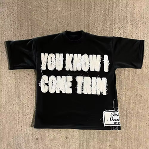 Oversized Vintage <b>Cropped</b> T-Shirt for <b>Men</b> Square Distressed Embroidery Custom Patch 100% Cotton - Product Image 1