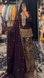 ชุดคุรติสออกแบบหรูหราสำหรับงานปาร์ตี้และเทศกาล ชุดสาหรี่แบบดั้งเดิม ดีไซน์ใหม่ล่าสุด ผ้าไหมชิโนน ราคาสุดคุ้ม - Product Image 4