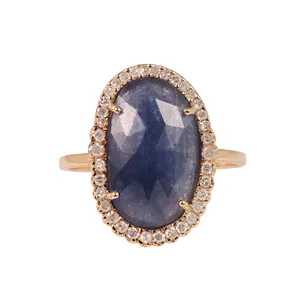 Antieke Vintage Stijl Natuurblauwe Saffier Pave Diamant Massief 14K Geel Goud Verloving Trouwdag Ring Fijne Sieraden
