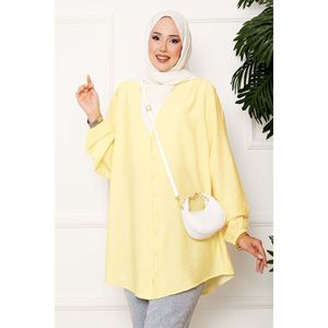 Camisa Kimono Casual Amarillo Claro con Botones Delanteros, Corte Holgado, Talla XS, para Verano y Otoño, Hecha de Viscosa, Popelina, Satén, Lino, Tejido Vintage - Product Image 3