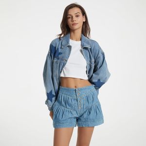 แจ็กเก็ตยีนส์สำหรับผู้หญิงเสื้อแจ็กเก็ตยีนส์แนววินเทจพิมพ์ลายดาวขนาดใหญ่มีแบรนด์ตามสั่ง - Product Image 2