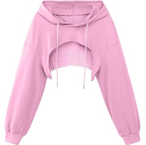 Women's Cropped Hoodie Sweatshirt Solid <b>Pink</b> Long Sleeve Knitted Asymmetric Lace Detail Oversized Spring Wear - Product Image 1