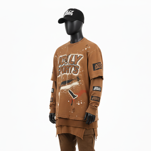 เสื้อยืดผู้ชายผ้าฝ้าย 100% ทรงหลวม พิมพ์ลาย เสื้อยืดแขนยาวสองชั้น สไตล์ใหม่ เสื้อยืดแขนสองชั้นแบบสั่งทำ - Product Image 4