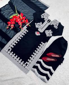 Ropa de fiesta Faux Georgette Kurta Pant con Dupatta Traje completamente cosido Vestido tradicional Hilo bordado Trabajo Ropa informal - Product Image 2