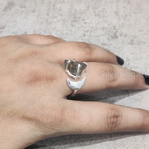 Joyería de piedra cruda para mujer, anillo de piedra preciosa labradorita en bruto Natural, piedra natal, banda dual, joyería de Navidad, anillo de Plata de Ley 925 - Product Image 2