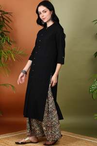 Kurta Droite en Coton Slub pour Femmes avec Palazzo Imprimé Kalamkari Longueur Mollet Col Mandarin Manches Trois Quarts Noir - Product Image 5