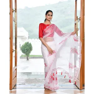 Sari en organza rouge Kalash peint à la main avec broderies, léger, taille unique, ensemble court 3 pièces, tenue de soirée printemps/été pour femme - Product Image 5