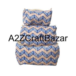Ensemble de 3 trousses de toilette et de maquillage en coton pur matelassé, imprimé à la main en Inde - Product Image 1
