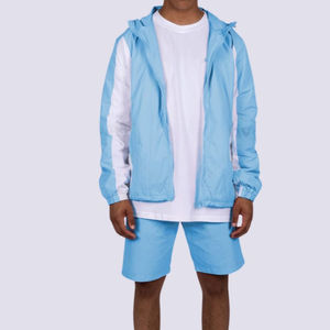 Conjunto de chándal cortavientos deportivo de poliéster y nailon ligero personalizado para hombre, chaqueta con capucha sólida de dos piezas, pantalones cortos para deportes de invierno - Product Image 3