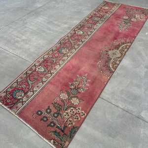 Turkish Vintage Rug, <b>Runner</b> 3x8.8 ft (91x268 cm) Rug, <b>Red</b> Bordered Wool Rug - Product Image 4