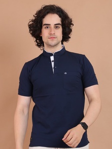 Camiseta de media manga elegante azul marino para hombre con cuello mandarín cómoda y versátil para ocasiones informales semiformales 100% algodón - Product Image 2