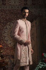 STYLISH EMBROIDERY on PINK GROOM SHERWANI,<b>PANT</b> & STOLE WITH EMBELLISHED CRYSTAL GLASS BEADS,DABKA,STONE WORK for WEDDING=2024 - Product Image 2