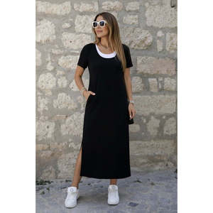 Robe longue en viscose à manches courtes, style débardeur, avec fente latérale, pour femme, 35376 - Noir - Product Image 3