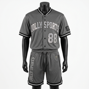 Conjunto de camiseta y pantalones cortos de béisbol para hombre, 240 GSM, transpirable, de malla de poliéster, gris, negro, paneles en contraste, conjunto de camiseta y pantalones cortos personalizados para hombre - Product Image 1