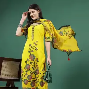 Exclusive Trendy Design Women's Ready To Wear Flawless Yellow Color Web Design Kurta Pant With Dupatta Sets Latest Ethnic Sets