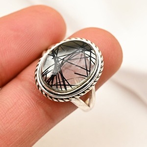 Classical Ring Jewelry for Women Silver Boho Style Jewelry 925 Sterling Silver Black Rutile Gemstone Handmade Ring Gift for <b>Wife</b> - Product Image 4