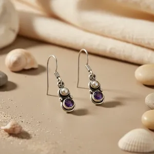 Pendientes de Plata 925 con Amatista y Perla para Mujer - Product Image 2