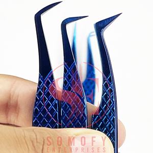 Pinzas profesionales de Extensión de pestañas de acero inoxidable recto de 90 grados L Etiqueta privada Punta de fibra azul Volumen de pestañas - Product Image 1