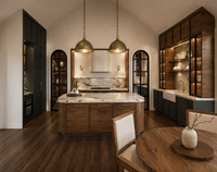 Ensemble d'armoires de cuisine en bois de luxe au design européen en forme d'arche avec quincaillerie en laiton et armoire à vin