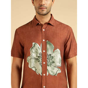 Amanush Men's Nylon <b>Tan</b> <b>Brown</b> Short Sleeve Placement Floral Printed Casual Shirt With Turn-down Collar Breathable Fabric Shirts - Product Image 2
