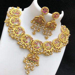 Designer Antique Polish Premium Quality Brass Metal Stone <b>Necklace</b> Set Earrings for Women Gold Plated Jewelry for Wedding - Product Image 1