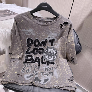 Summer Casual Cotton Crew Neck T Shirts Short Sleeve High Quality Gym Womens Summer Wear acid wash sequin embroidery Top T Shirt - Product Image 5