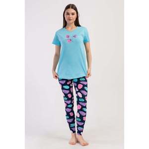 Conjunto de pijama KADIN LYC SUPREM O YAKA KISA KOL BLUZU UZUN ETEGI OVAL MANSETLI TAYT - Turquesa - Turquesa - Product Image 1