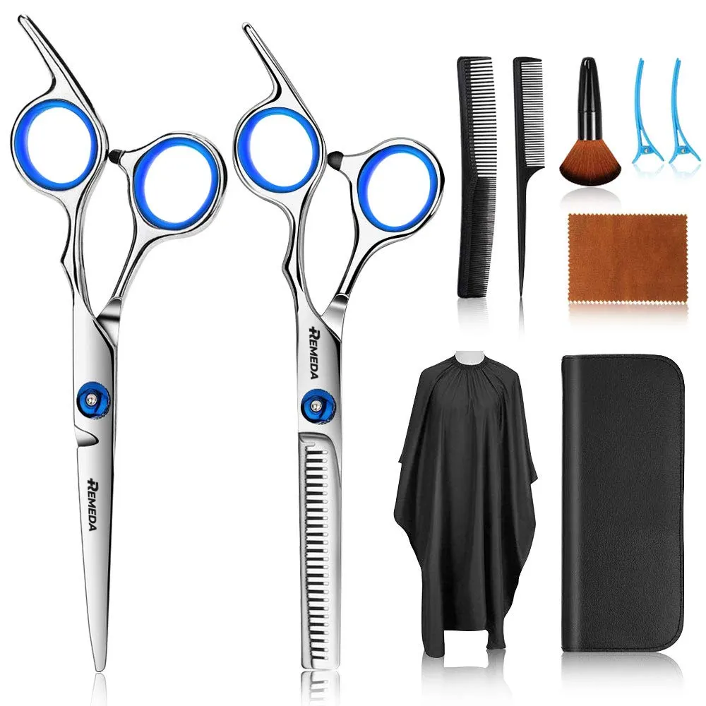 REMEDA Hair Styling Scissors Set 11 PCS Comb Clean Cloth Clips Razor Comb Leather Holster Brush Barber Cape for Barber