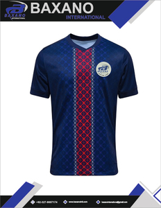 Maillot de football bleu et rouge à motif géométrique, respirant, 100 % polyester, col en V, personnalisable avec le nom de l'équipe - Product Image 4