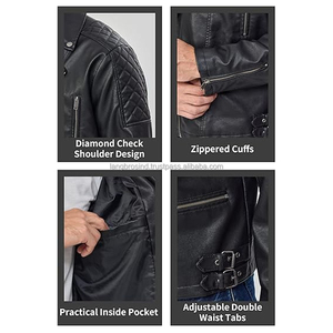 Men's Slim Fit Black Faux Leather Jacket High Street Style Motorcycle Bomber Coat <b>Stand</b> Collar Light <b>Weight</b> Zipper Winter Biker - Product Image 6