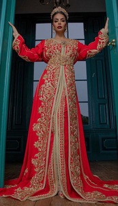 NEW--ELEGANT ZARI EMBROIDERY on RED MOROCCAN CAFTAN DRESS WITH EMBELLISHED CRYSTAL GLASS <b>BEADS</b>,<b>THREADS</b>,PEARLS,DABKA WORK @ 2024 - Product Image 2